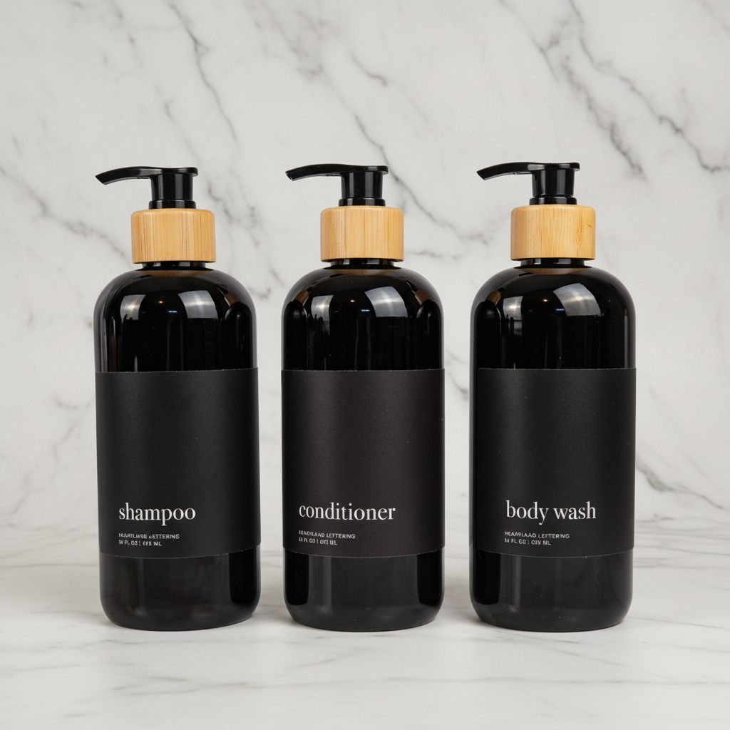 Three black bottles labeled 'shampoo', 'conditioner', and 'body wash' on a marble background