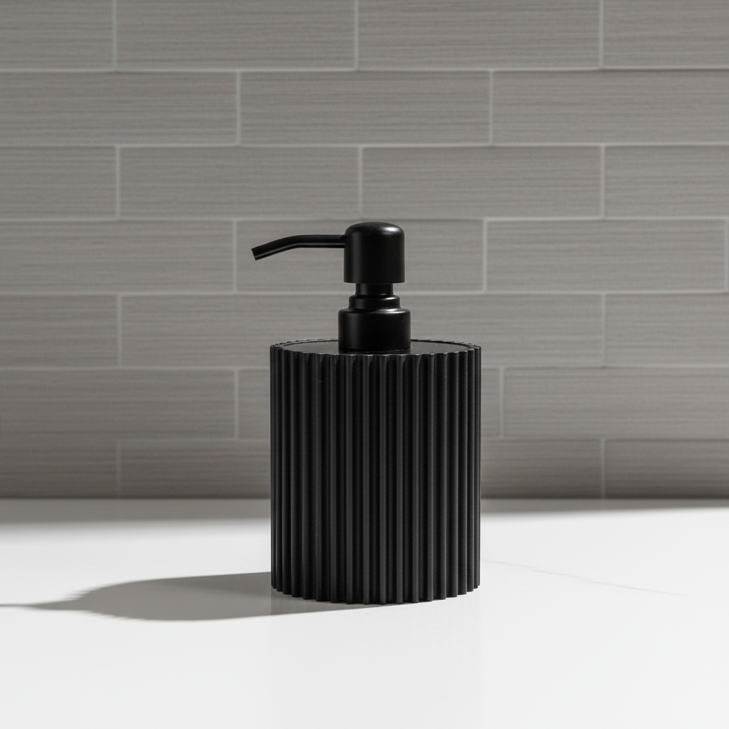 Black ribbed soap dispenser on a white surface with a gray tiled wall background
