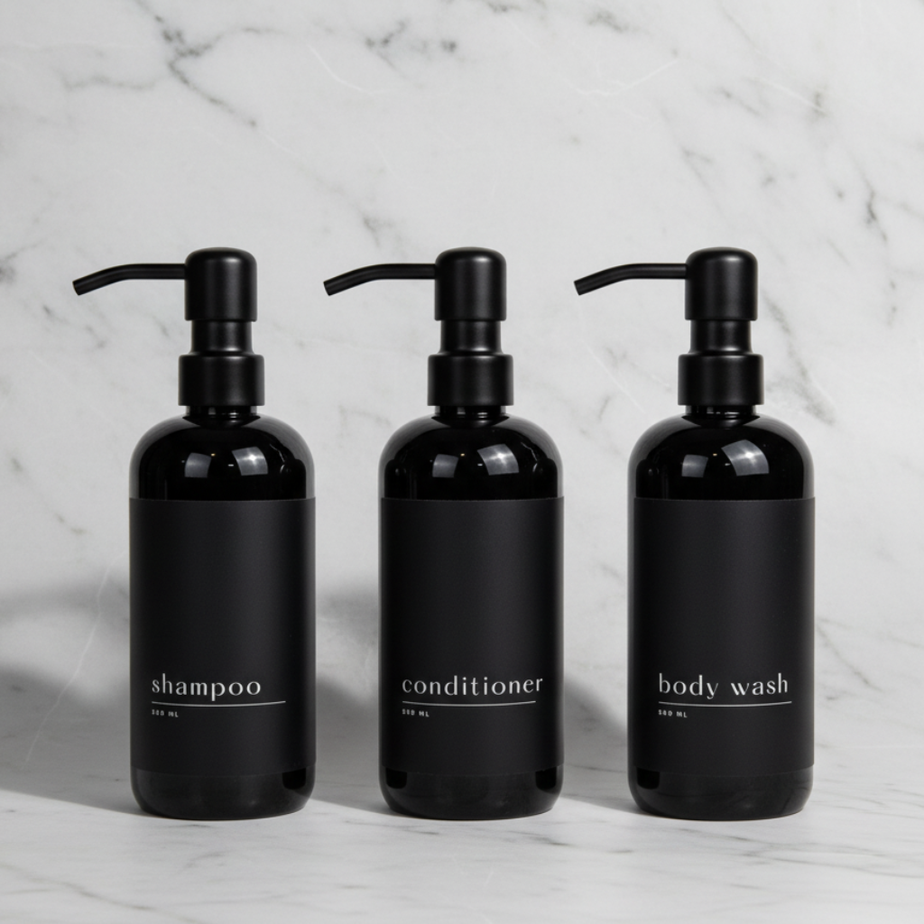 Three matte black pump bottles labeled shampoo, conditioner, and body wash, arranged side by side on a white marble surface against a white marble background.