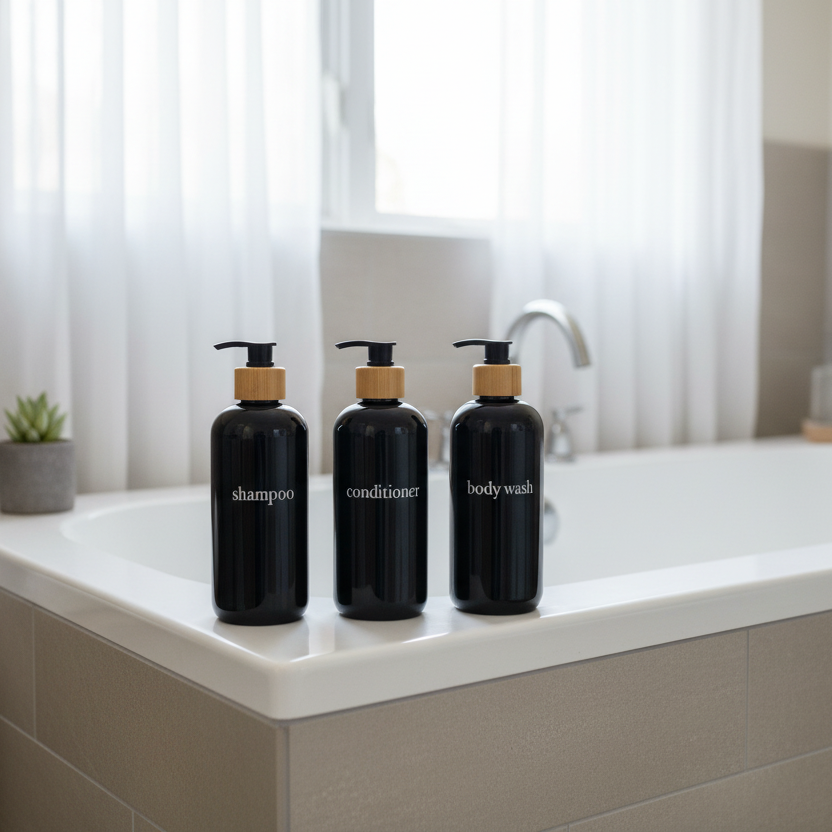 Three black bottles labeled 'shampoo', 'conditioner', and 'body wash' on a bathroom counter.