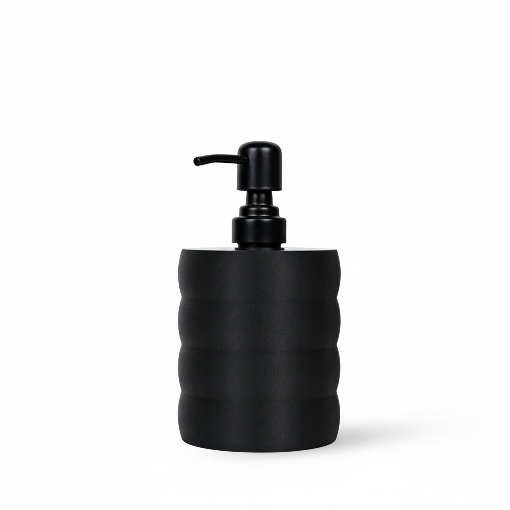 black soap dispenser modern bubble shape on white background