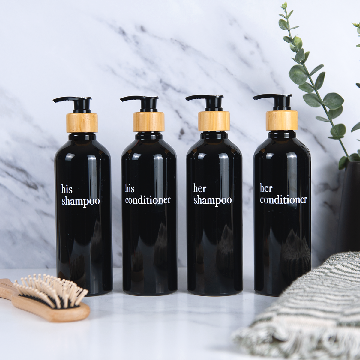 Black Slim Refillable Dispenser - Eco-Friendly, Refillable Bottle Set With Bamboo or Plastic Pumps