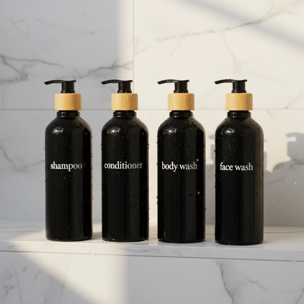 Black Slim Refillable Dispenser - Eco-Friendly, Refillable Bottle Set With Bamboo or Plastic Pumps