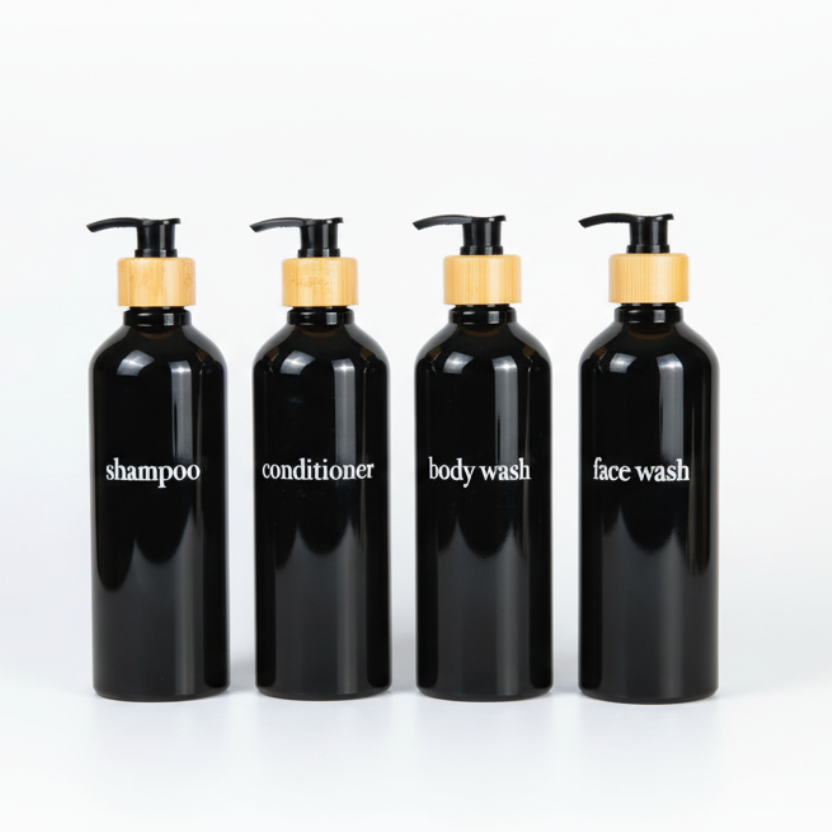 Black Slim Refillable Dispenser - Eco-Friendly, Refillable Bottle Set With Bamboo or Plastic Pumps