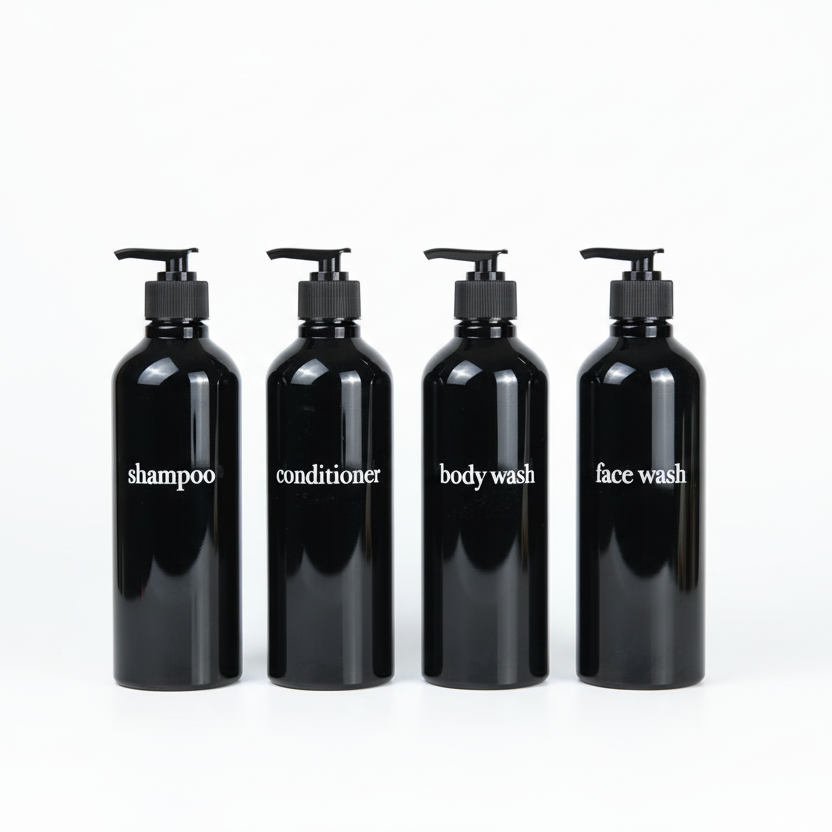Four black bottles labeled 'shampoo', 'conditioner', 'body wash', and 'face wash' on a white background.