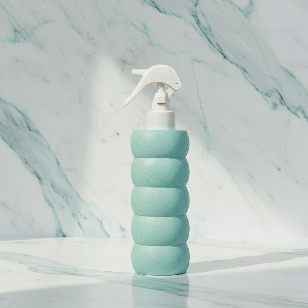 green blue textured bottle with white spray nozzle on a marble background
