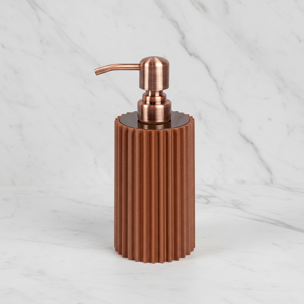 Bronze-colored soap dispenser with copper pump on a light gray background
