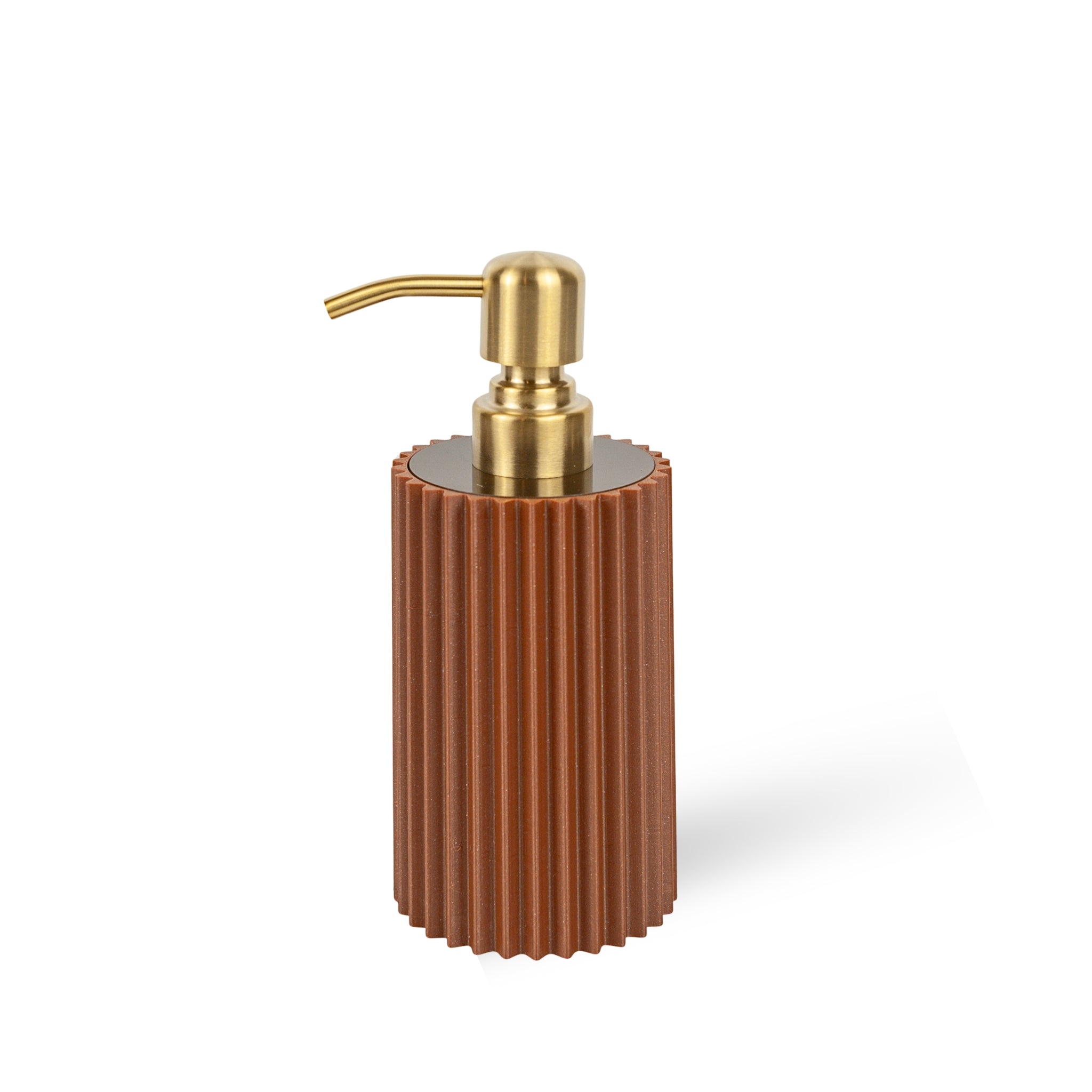 bronze espresso ribbed soap dispenser with gold pump on a white background