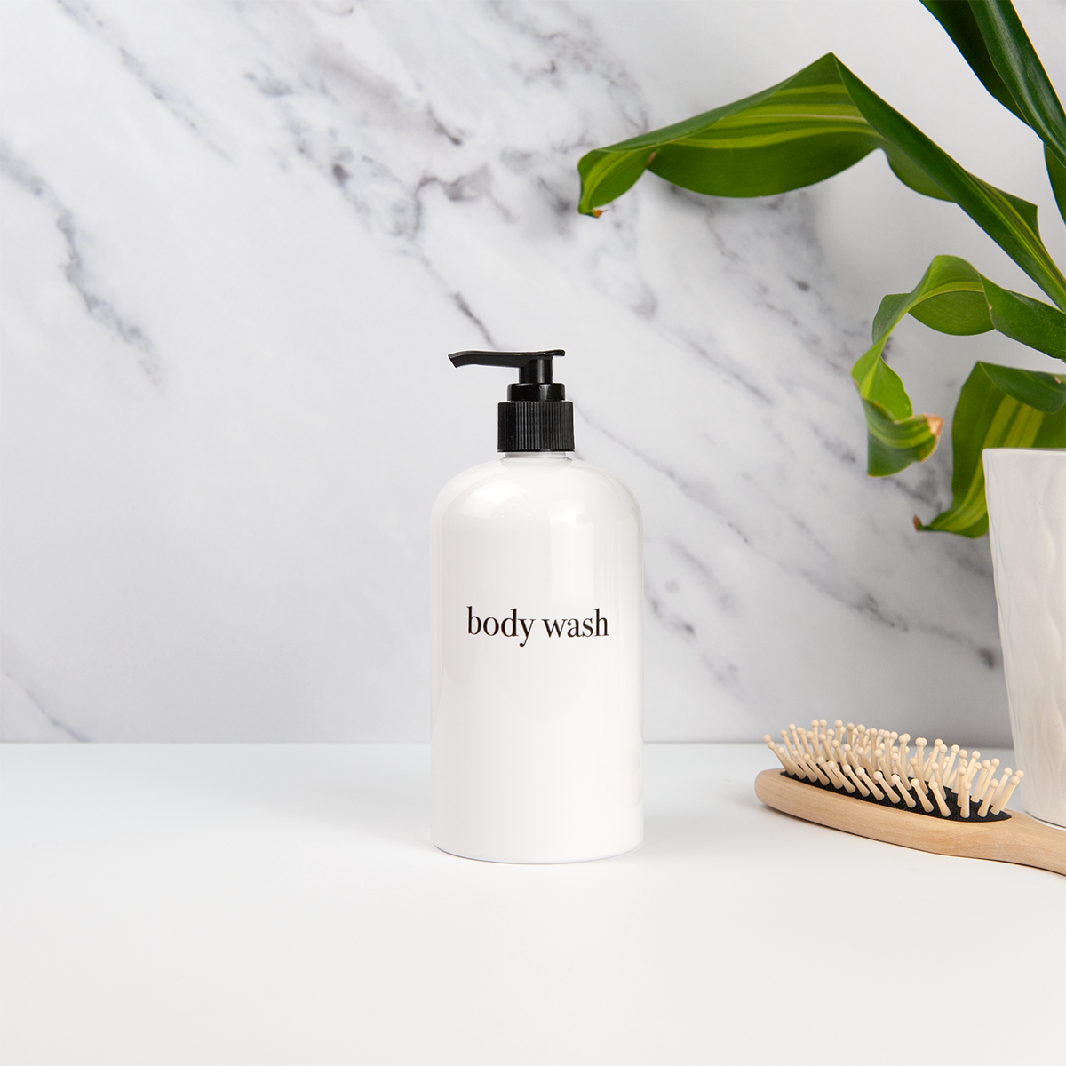 minimalist white shower and soap dispenser sets with bamboo or plastic pumps