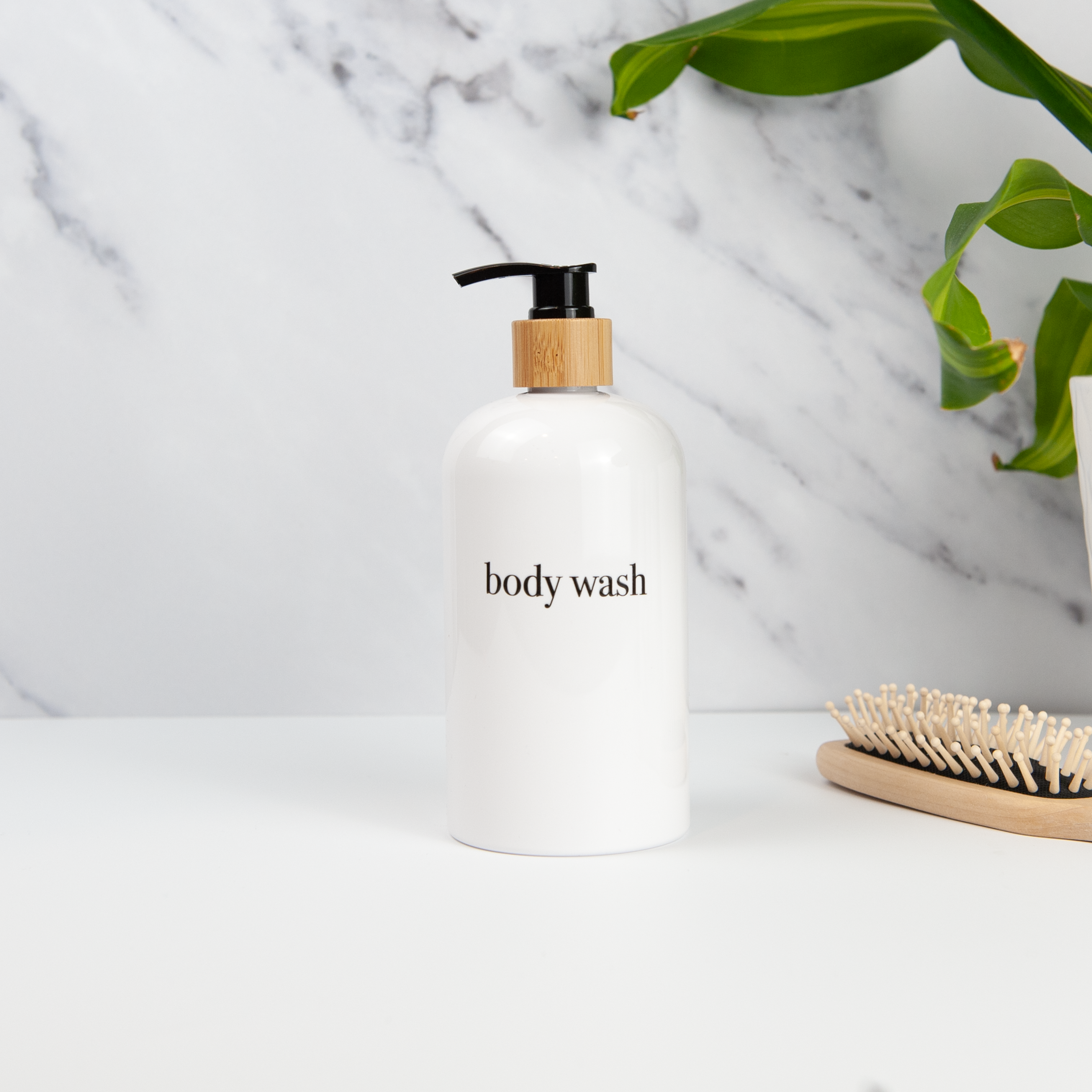 minimalist white shower and soap dispenser sets with bamboo or plastic pumps