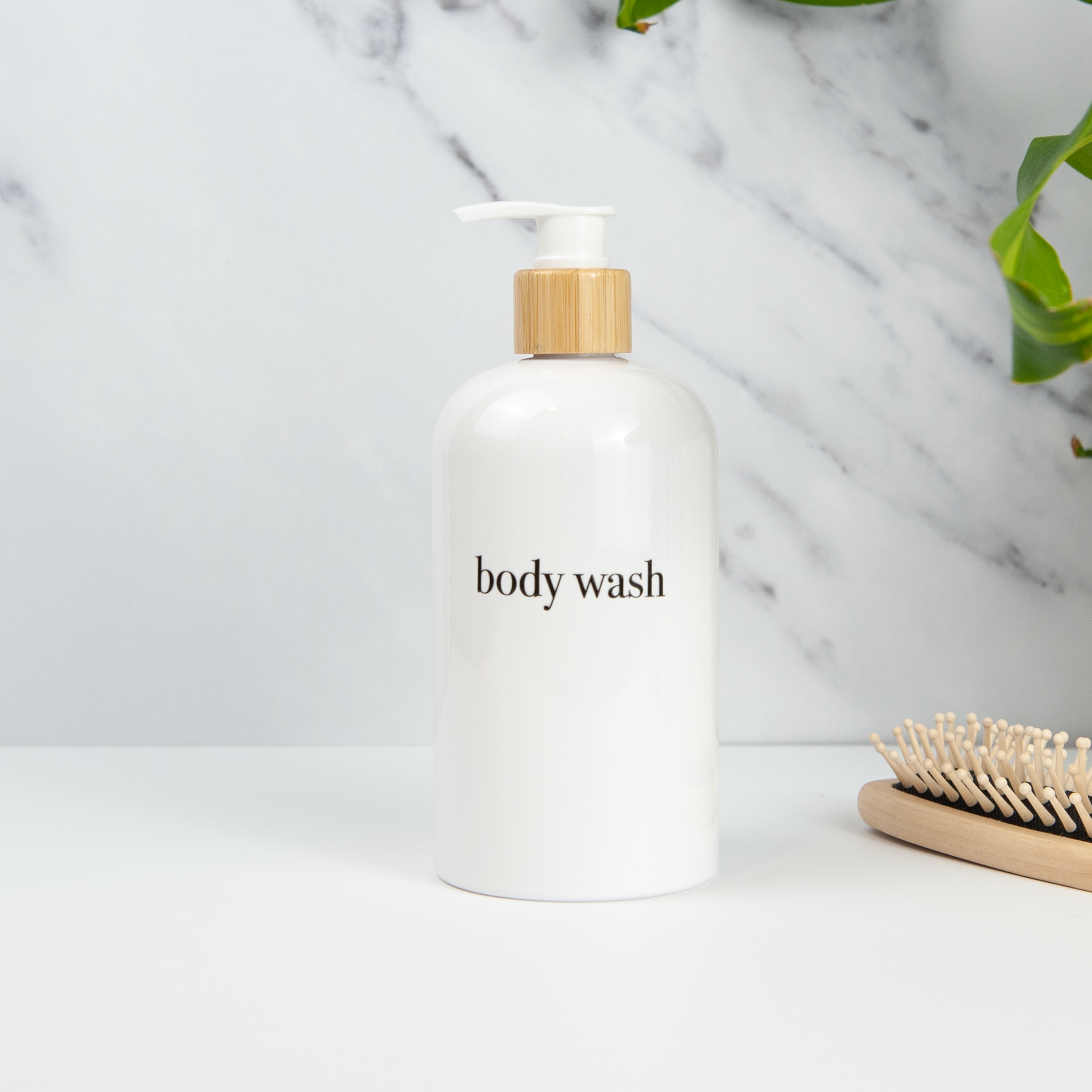 minimalist white shower and soap dispenser sets with bamboo or plastic pumps