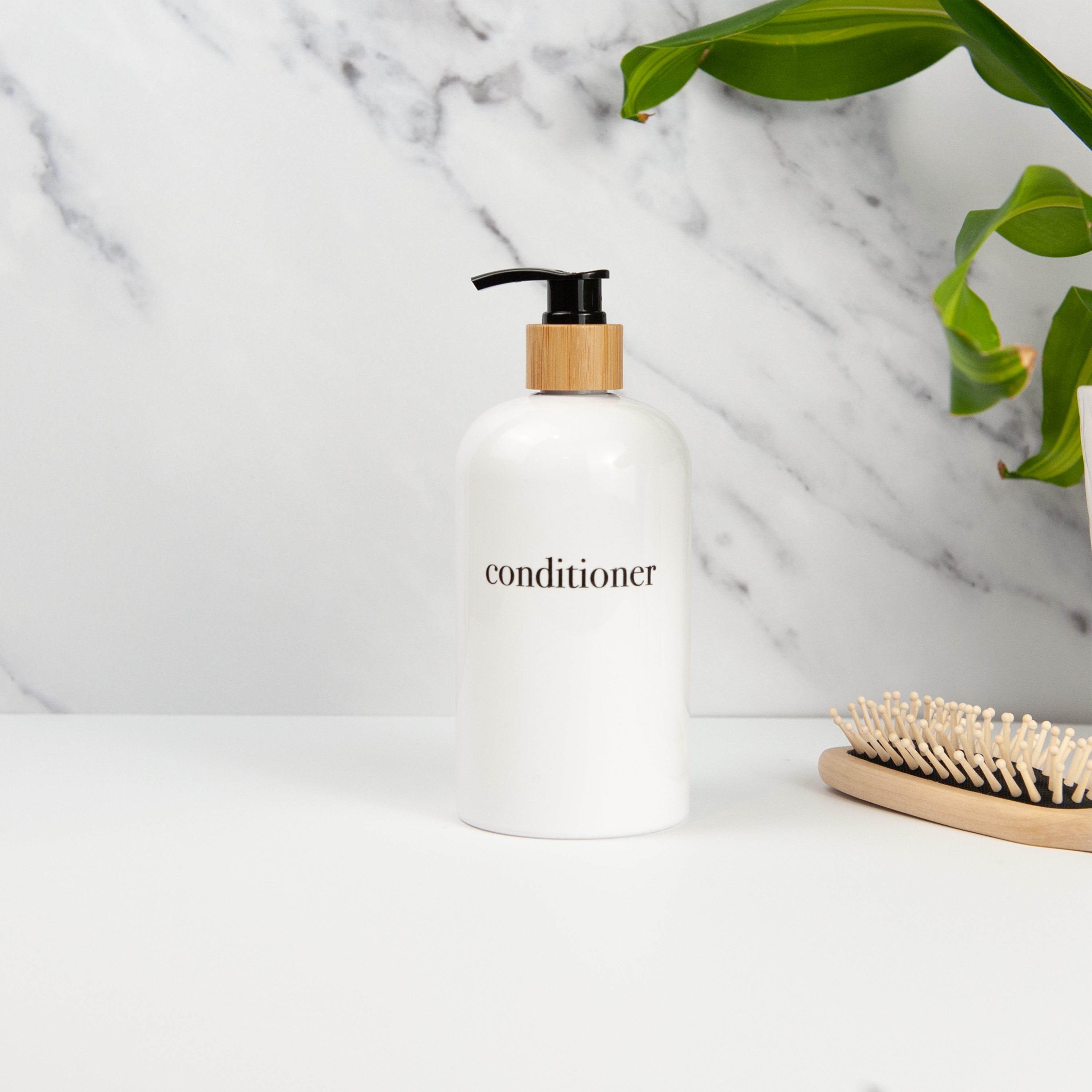 minimalist white shower and soap dispenser sets with bamboo or plastic pumps