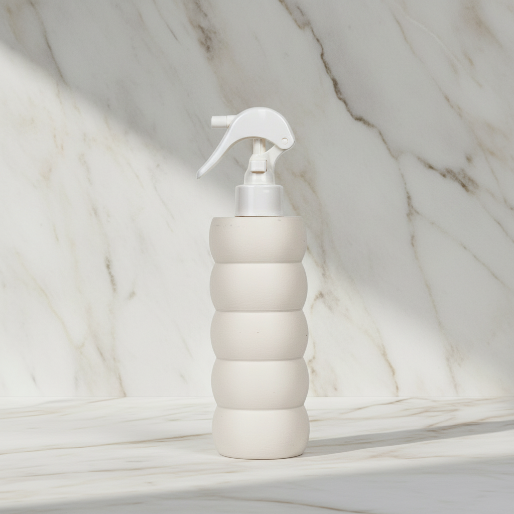 White textured spray bottle on a marble surface