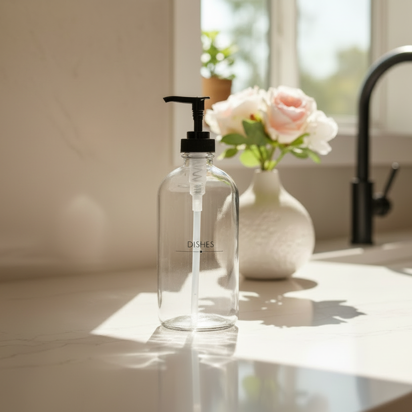 A clear glass soap dispenser bottle with a black pump, labeled 'DISHES' on the front.