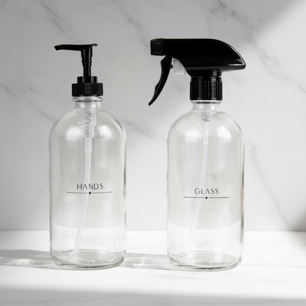Two clear glass bottles with black pumps and sprayers on a light gray background