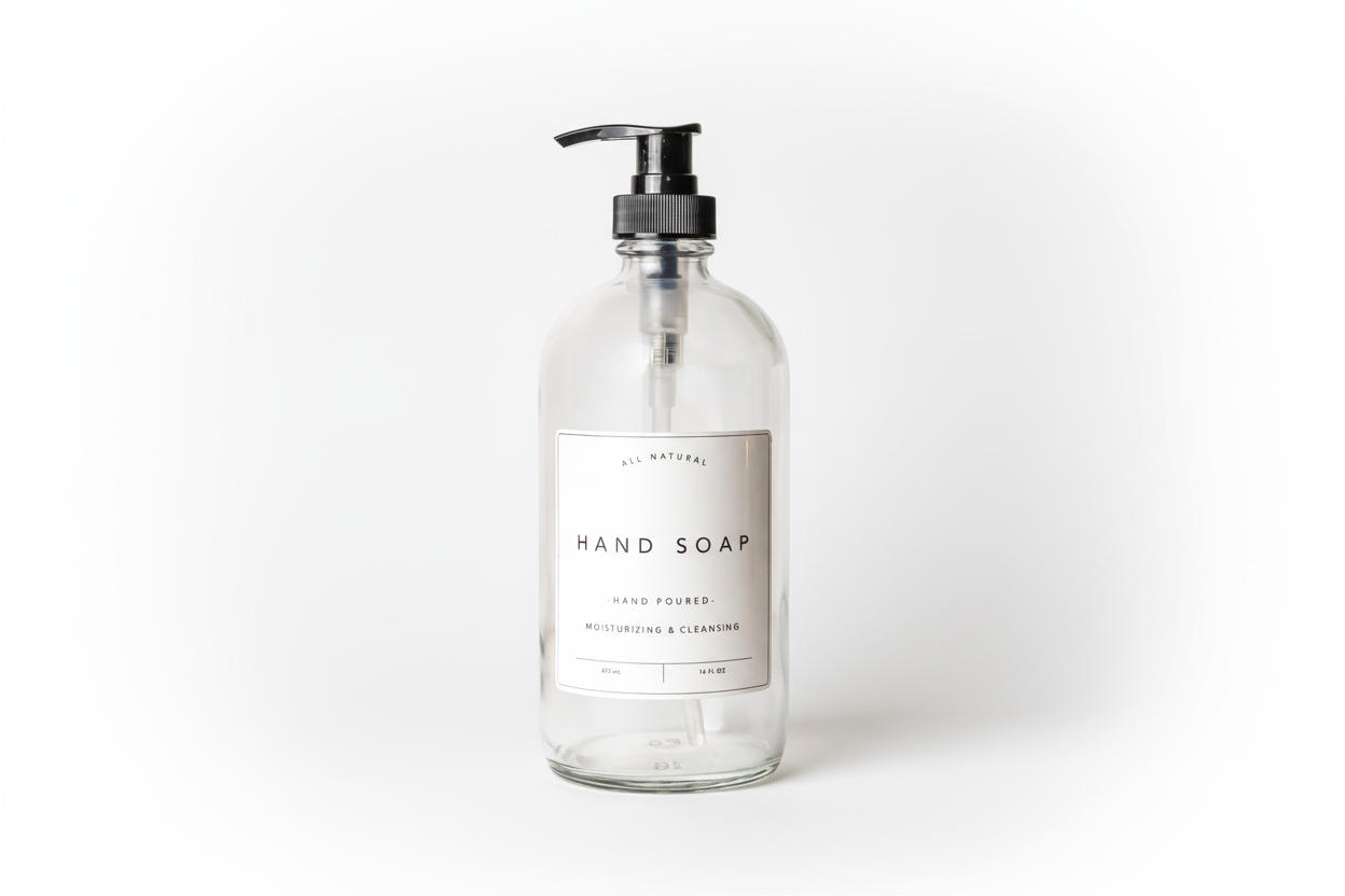 Clear hand soap bottle with pump on a white background