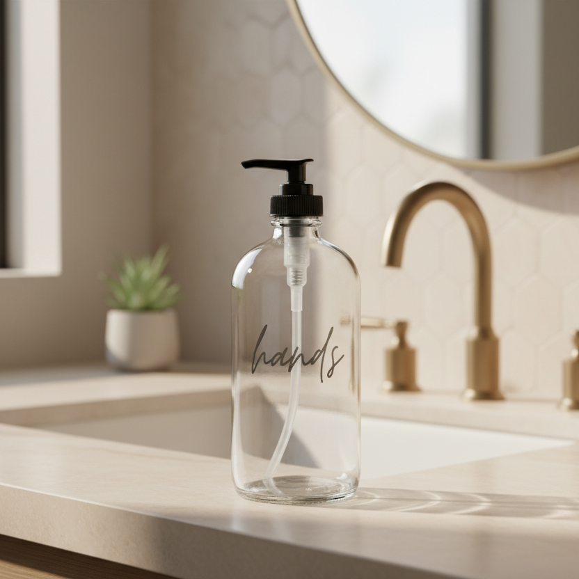 Clear hand soap bottle labeled 'hands' on a bathroom counter with a sink and mirror in the background.