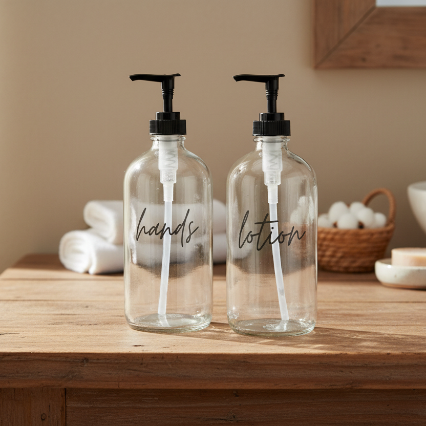 Two glass bottles with pump dispensers labeled 'hands' and 'lotion' on a wooden surface.