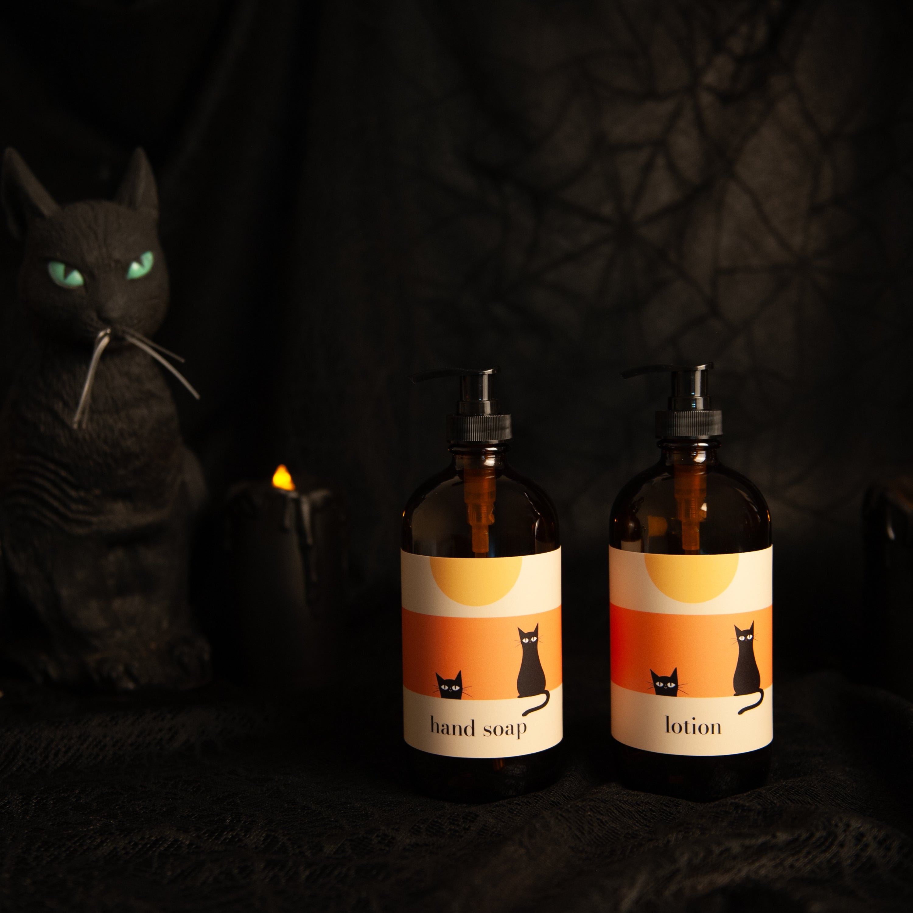 Halloween Amber Hands Set - Scaredy Cats Hand Soap, Lotion - Glass or Thick Plastic