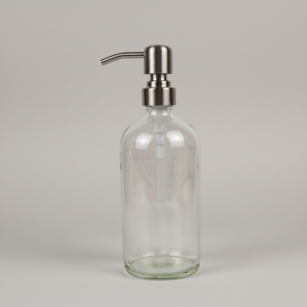 Clear glass bottle with silver pump dispenser on a marble surface