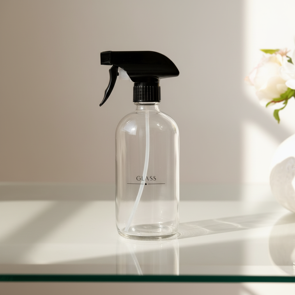 A clear glass soap dispenser bottle with a black pump, labeled 'HANDS' on the front.