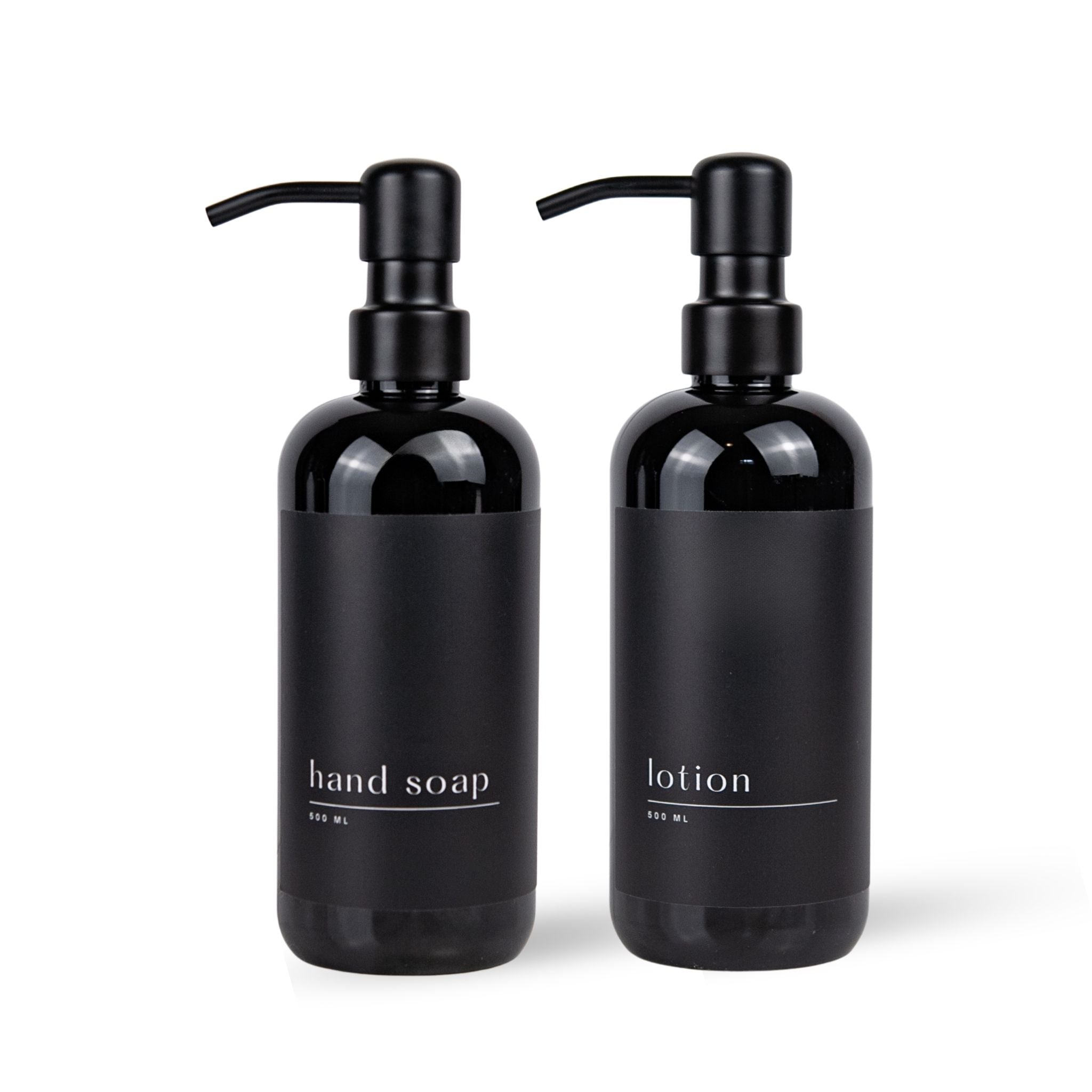 Two matte black pump bottles on a white background, labeled 'hand soap' and 'lotion'.