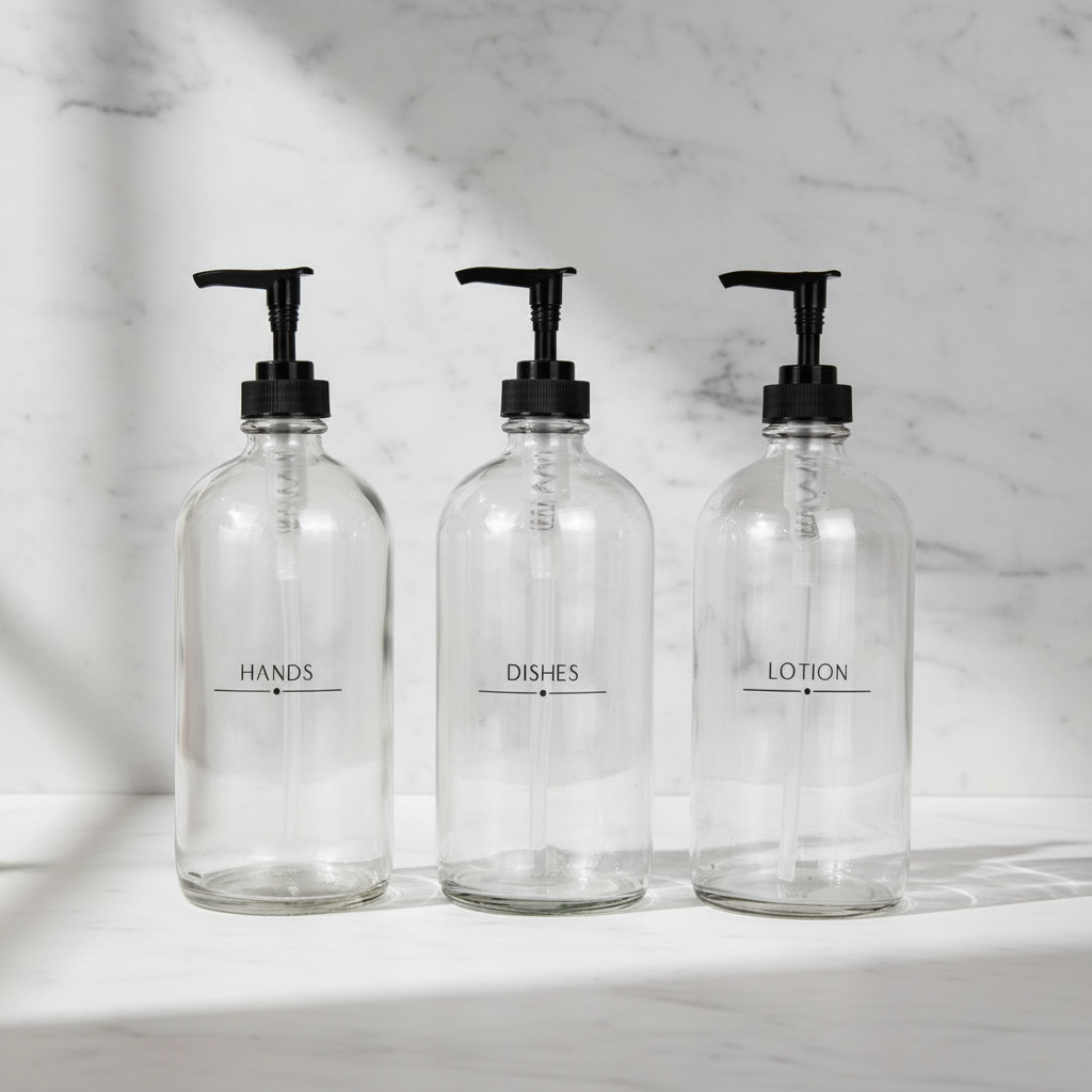 Three clear glass bottles with black pump dispensers labeled 'HANDS', 'DISHES', and 'LOTION' on a marble surface.