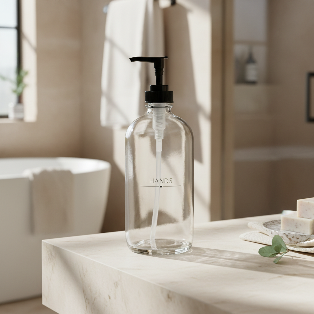 A clear glass soap dispenser bottle with a black pump, labeled 'HANDS' on the front.