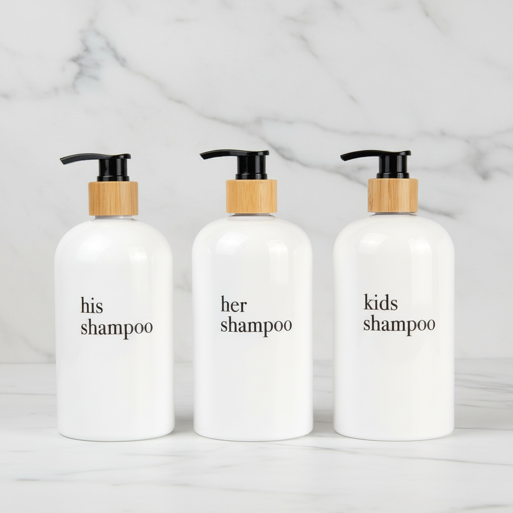 Three white shampoo bottles labeled 'his shampoo', 'her shampoo', and 'kids shampoo' on a marble background.