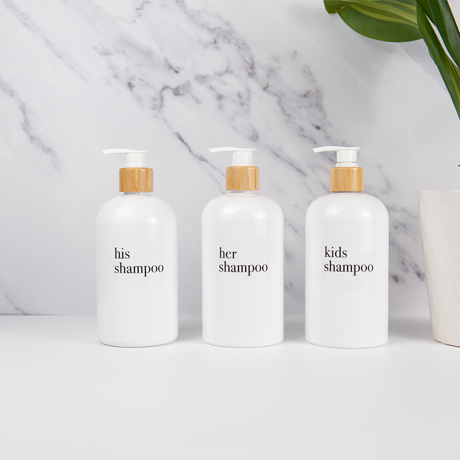 minimalist white shower and soap dispenser sets with bamboo or plastic pumps
