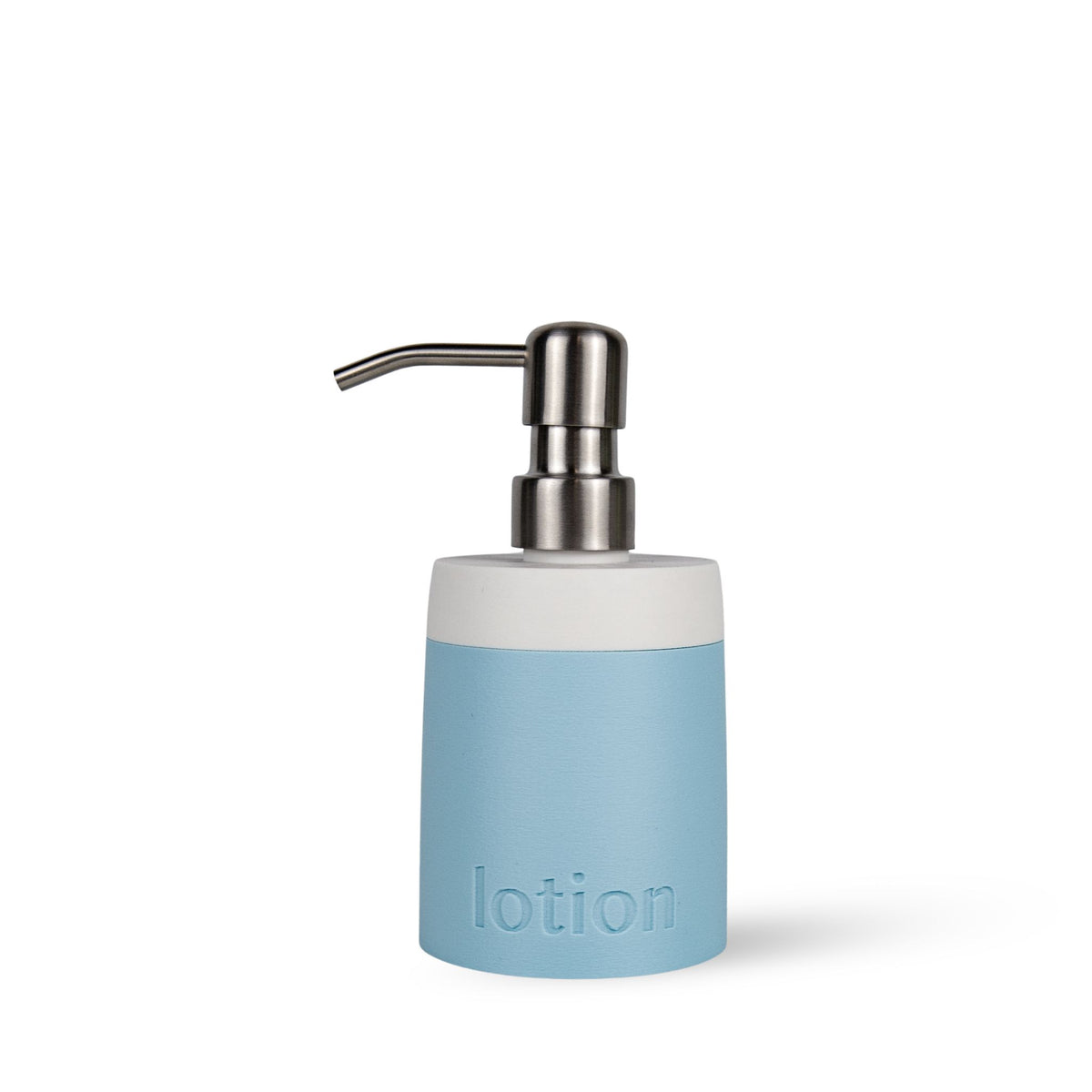 A light blue lotion dispenser bottle with a white collar and a brushed silver metal pump, shown on a clean white background.