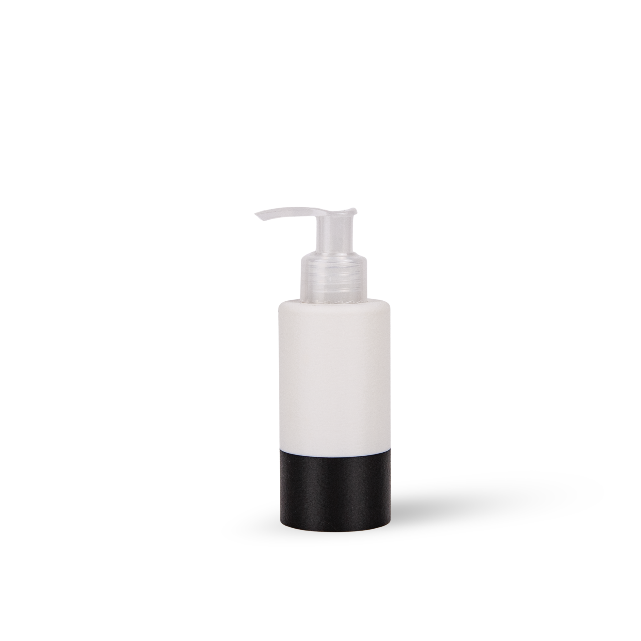 A blank cosmetic pump bottle with a matte white body, a black circular base, and a clear plastic pump dispenser, shown on a clean white background.