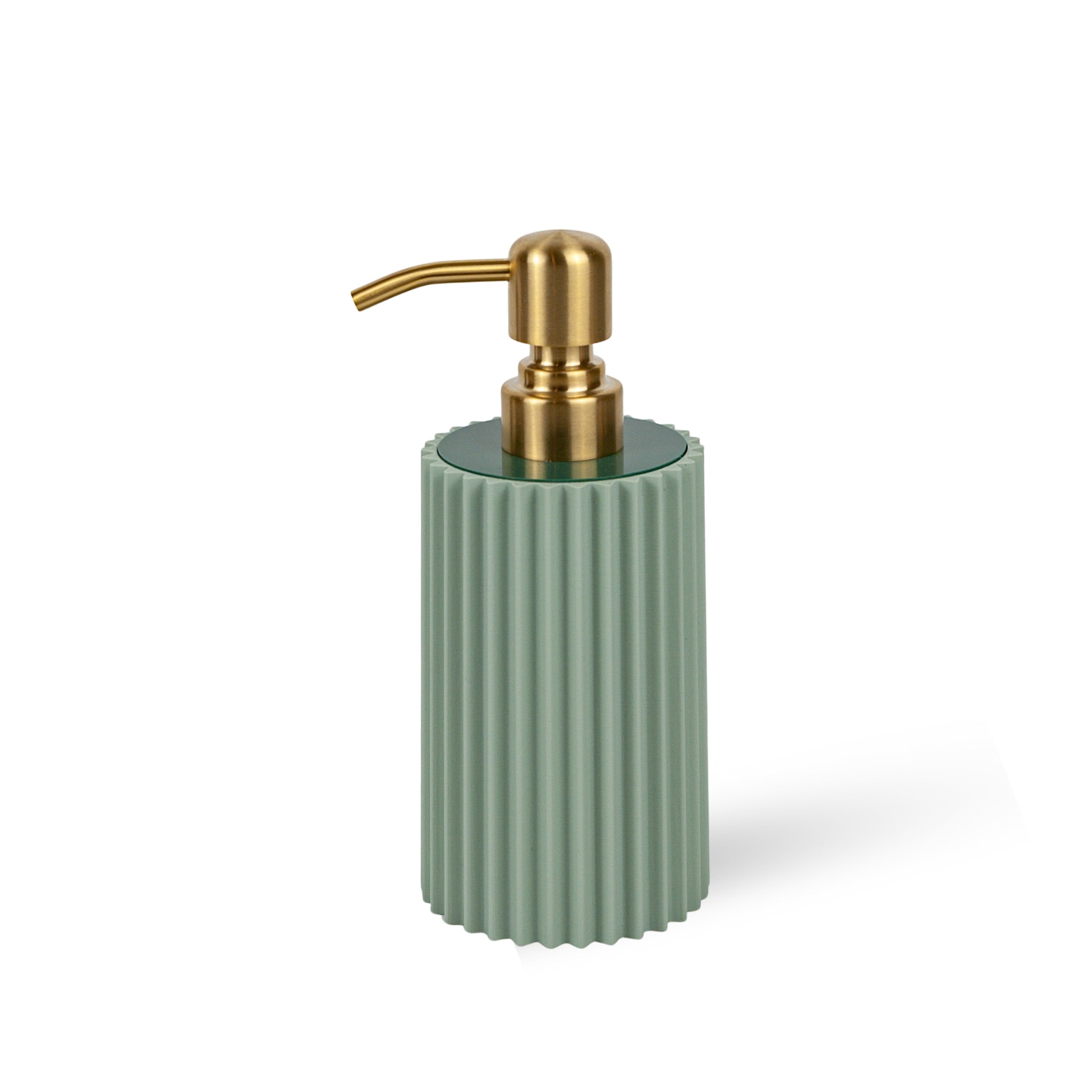 Sage green soap dispenser with gold pump on a white background