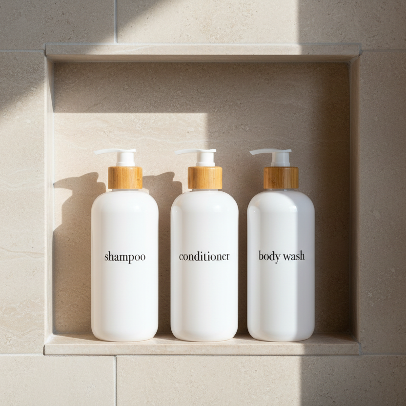 Three white bottles labeled 'shampoo', 'conditioner', and 'body wash' with brown caps on a beige shelf.