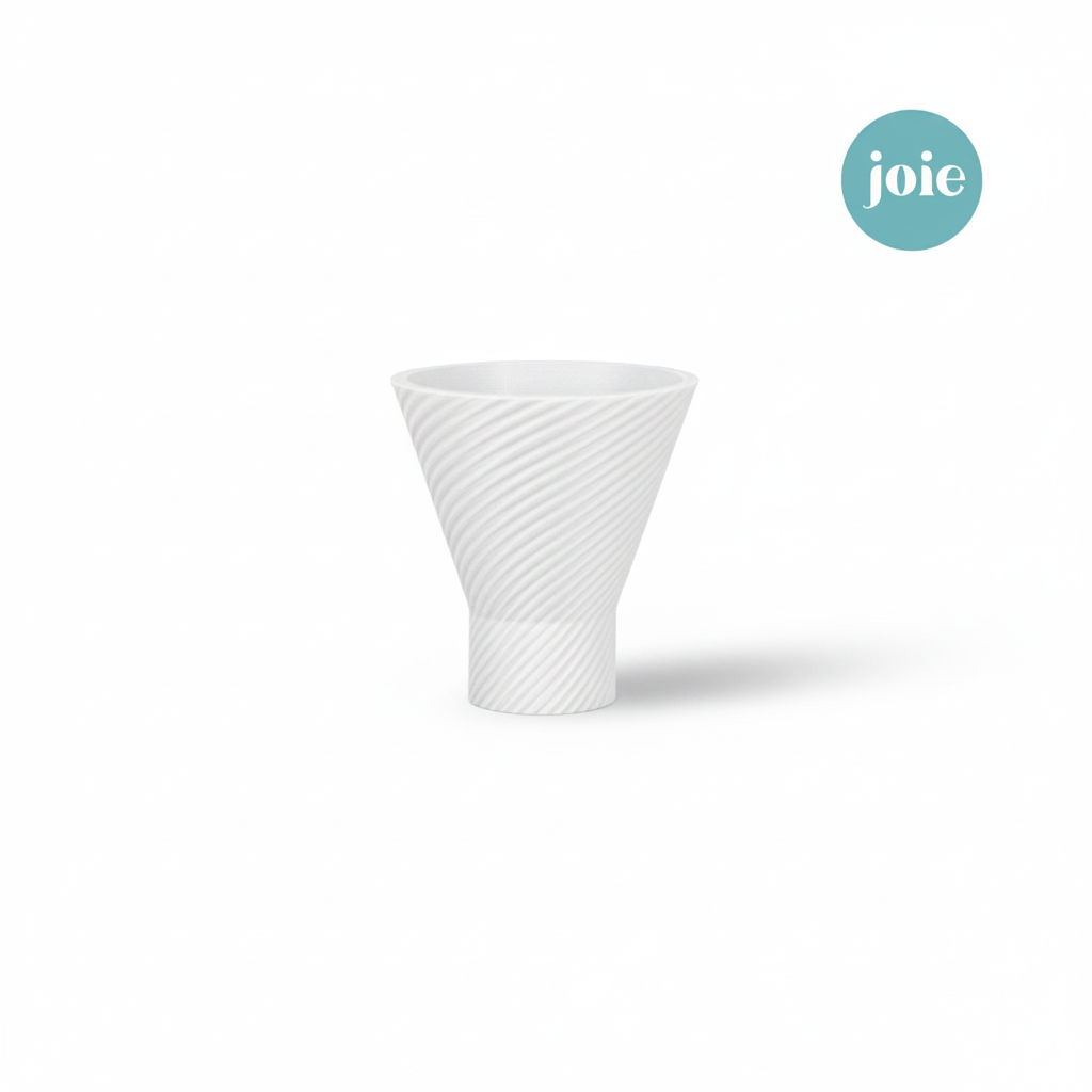 A white plastic funnel with a diagonal spiral texture, shown on a clean white background with a light blue circular Joie logo in the top right corner.