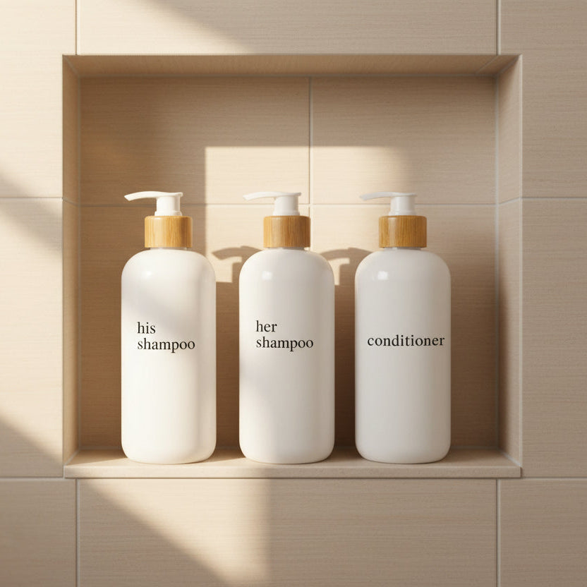 Three white shampoo bottles with bamboo pumps labeled 'his shampoo', 'her shampoo', and 'conditioner' on a white background.