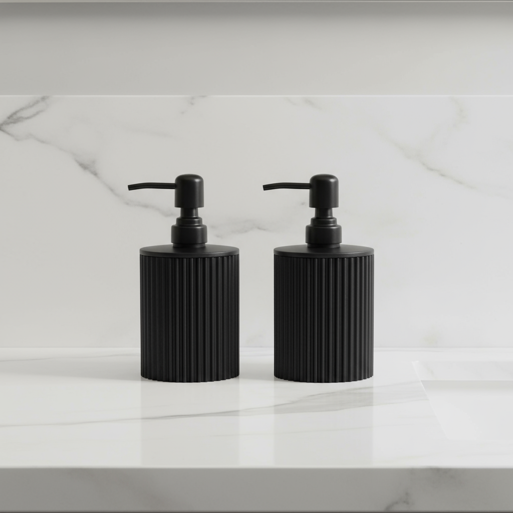 Black ribbed soap dispenser on a white background