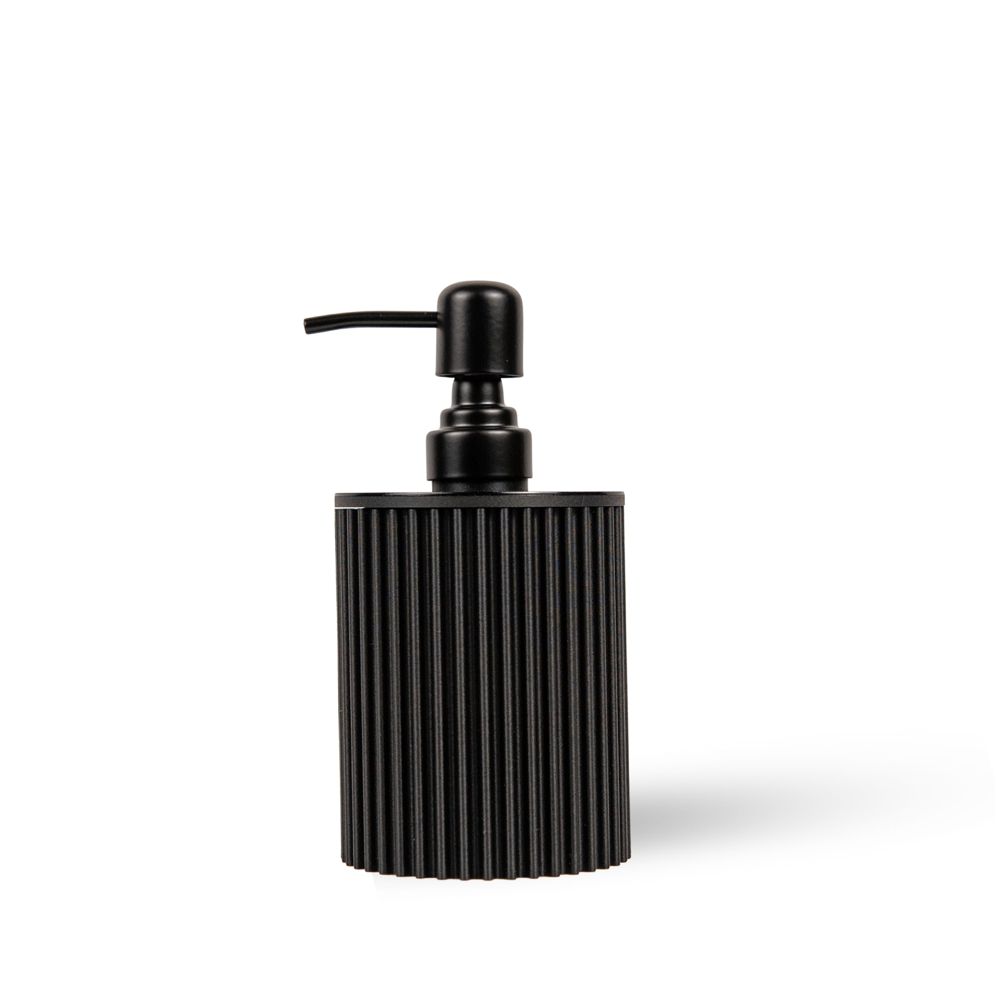 Black ribbed soap dispenser on a white background