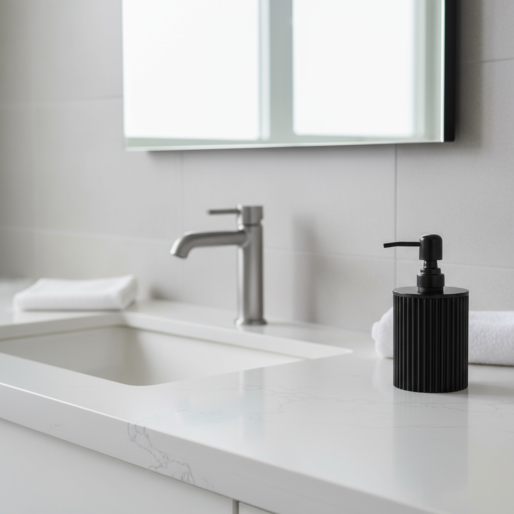 Black ribbed soap dispenser on a white background and modern bathroom countertop