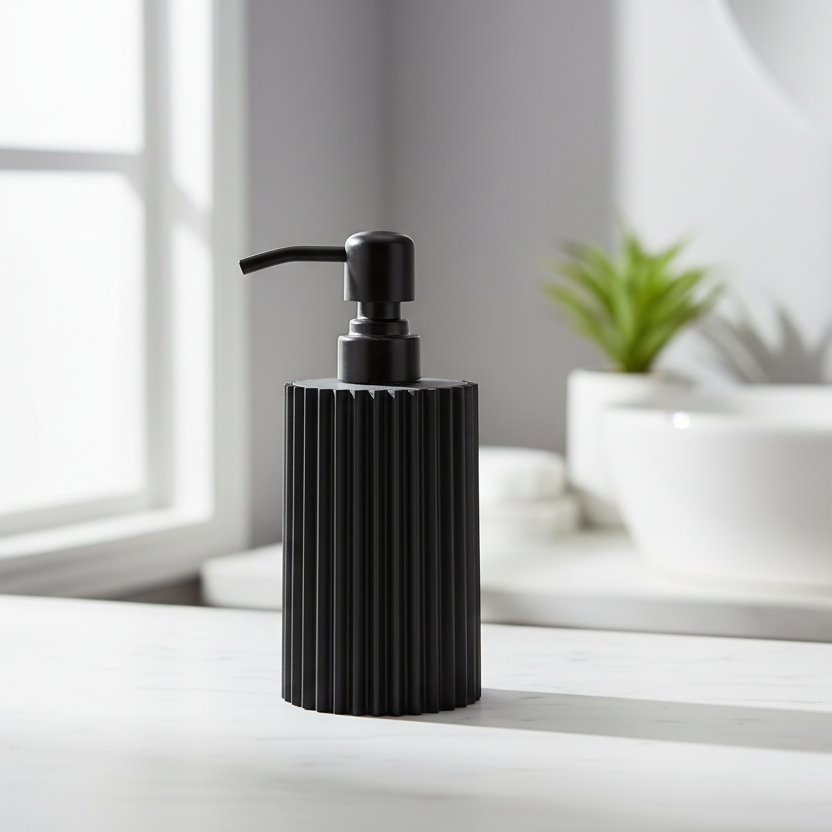 Black soap dispenser on a bathroom counter with a window in the background