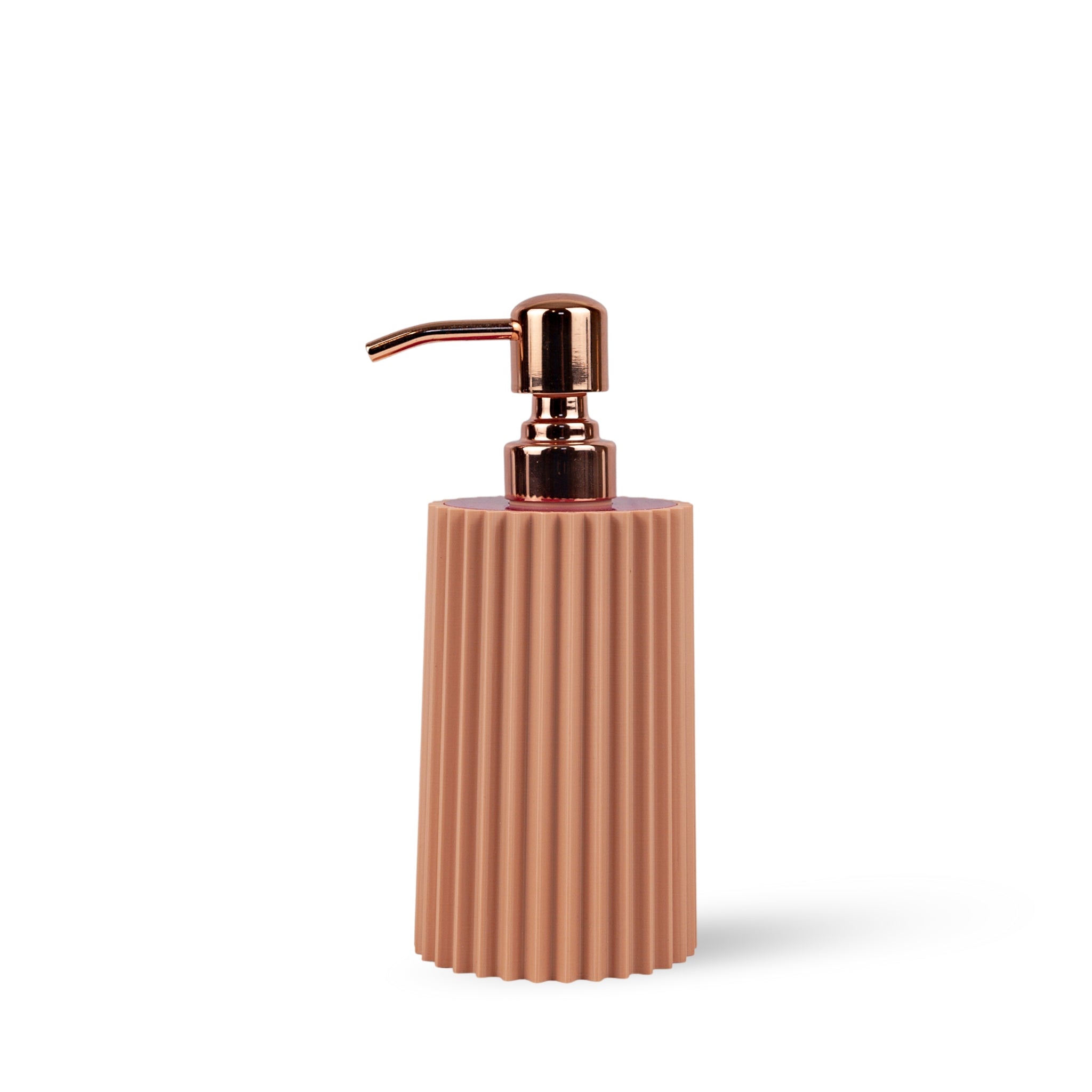 ribbed soap dispenser with with rose-colored pump on a white background