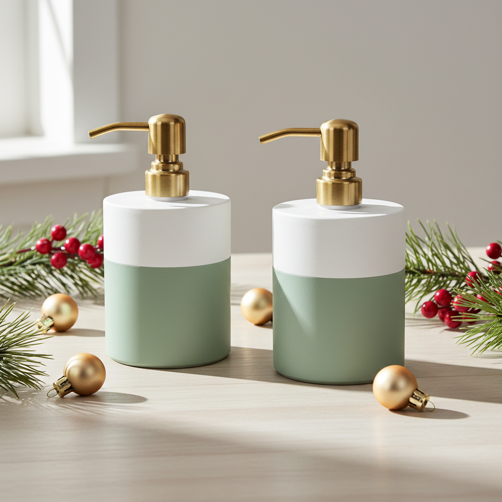 Two green and white soap dispensers with gold pumps on a wooden surface with Christmas decorations.