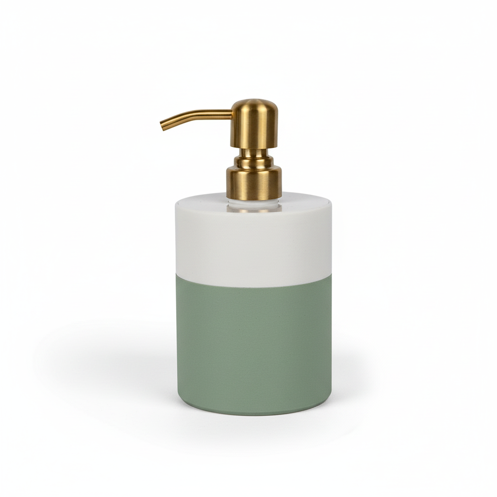Green and white soap dispenser with gold pump on a white background