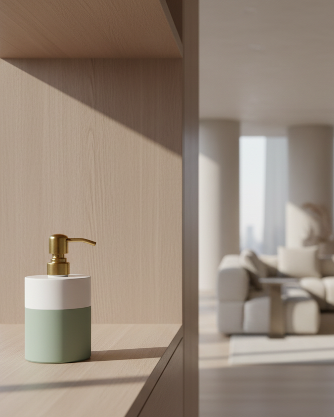 Soap Dispenser | Matte Sage & Linen White 12oz | Gold Stainless Steel Pump