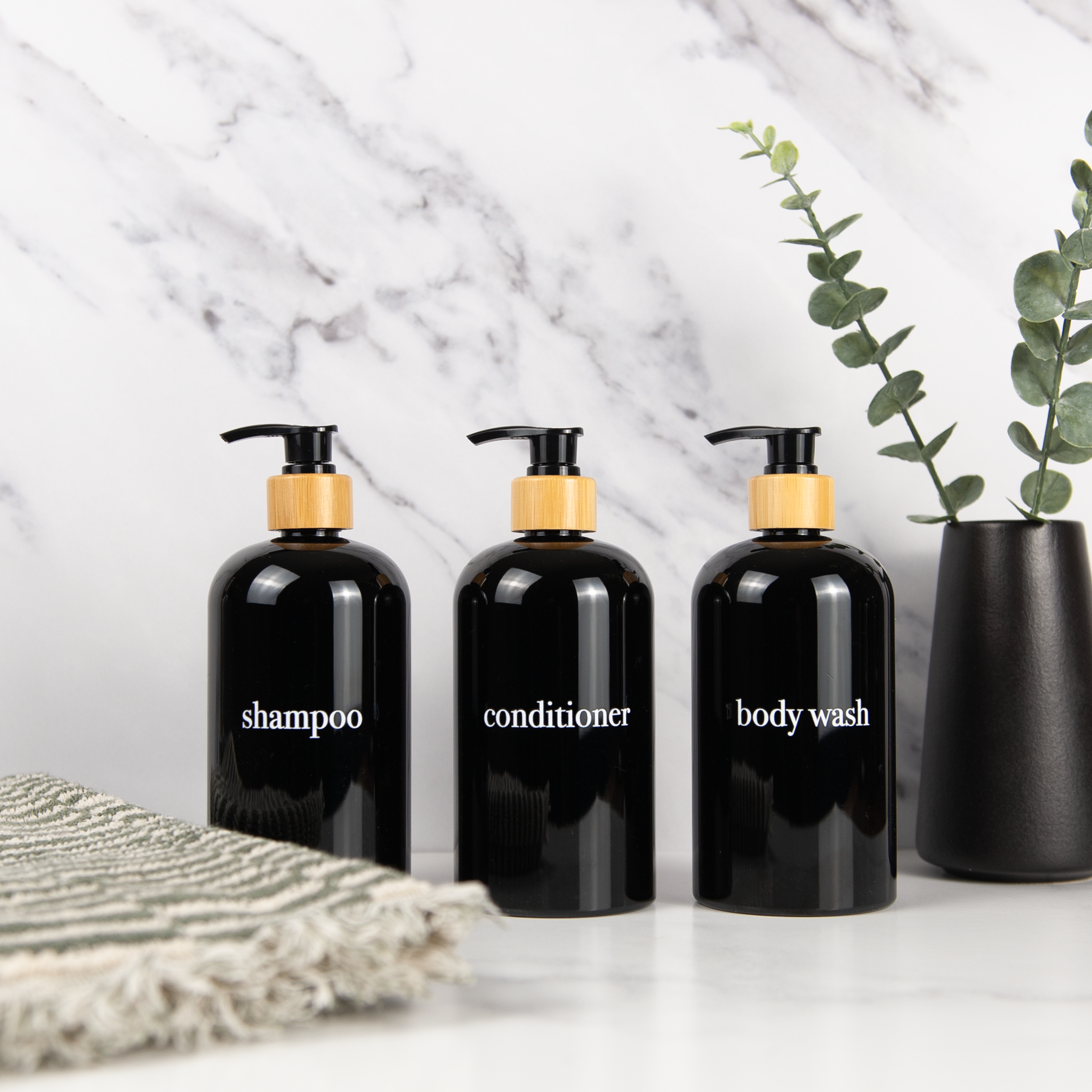 minimalist white shower and soap dispenser sets with bamboo or plastic pumps