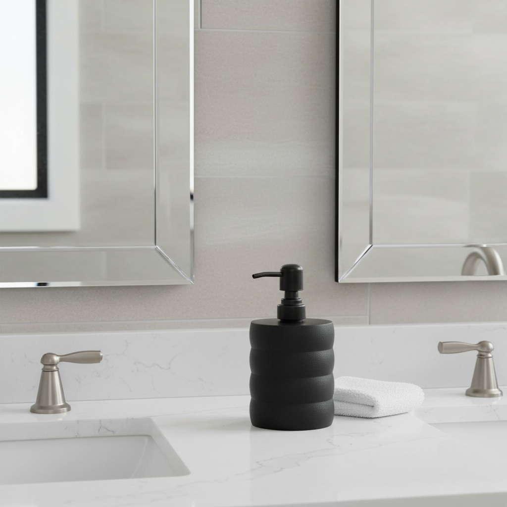 Black soap dispenser on a bathroom counter with mirrors and sink in the background