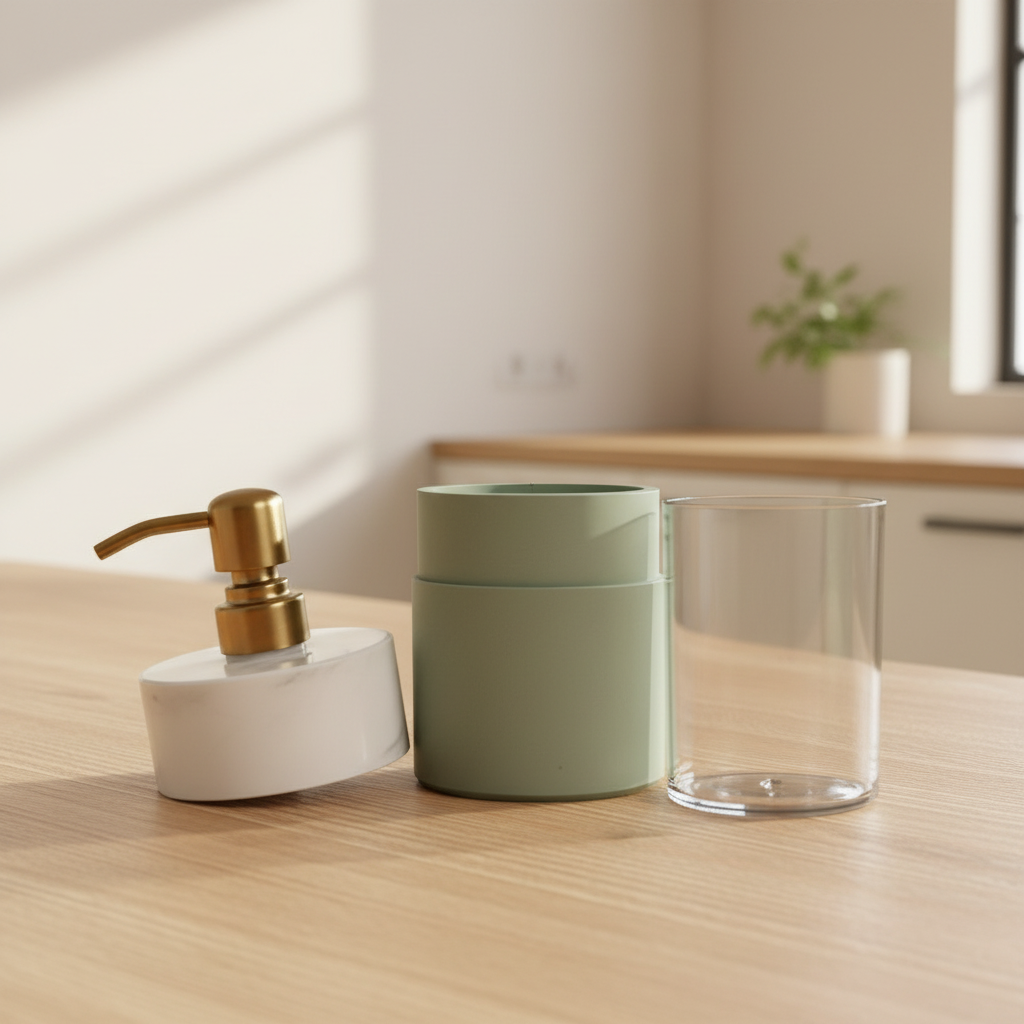 Bathroom setting with soap dispenser, green container, and clear glass on a wooden surface.