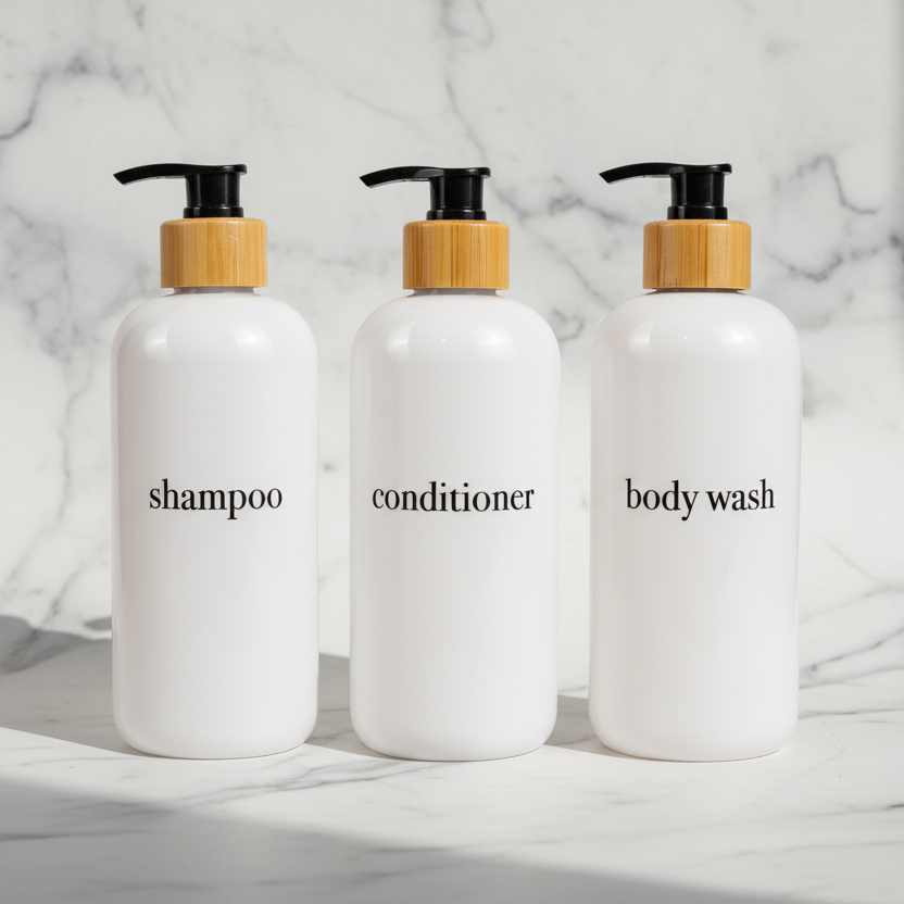 Three white bottles labeled 'shampoo', 'conditioner', and 'body wash' with wooden caps on a marble background.