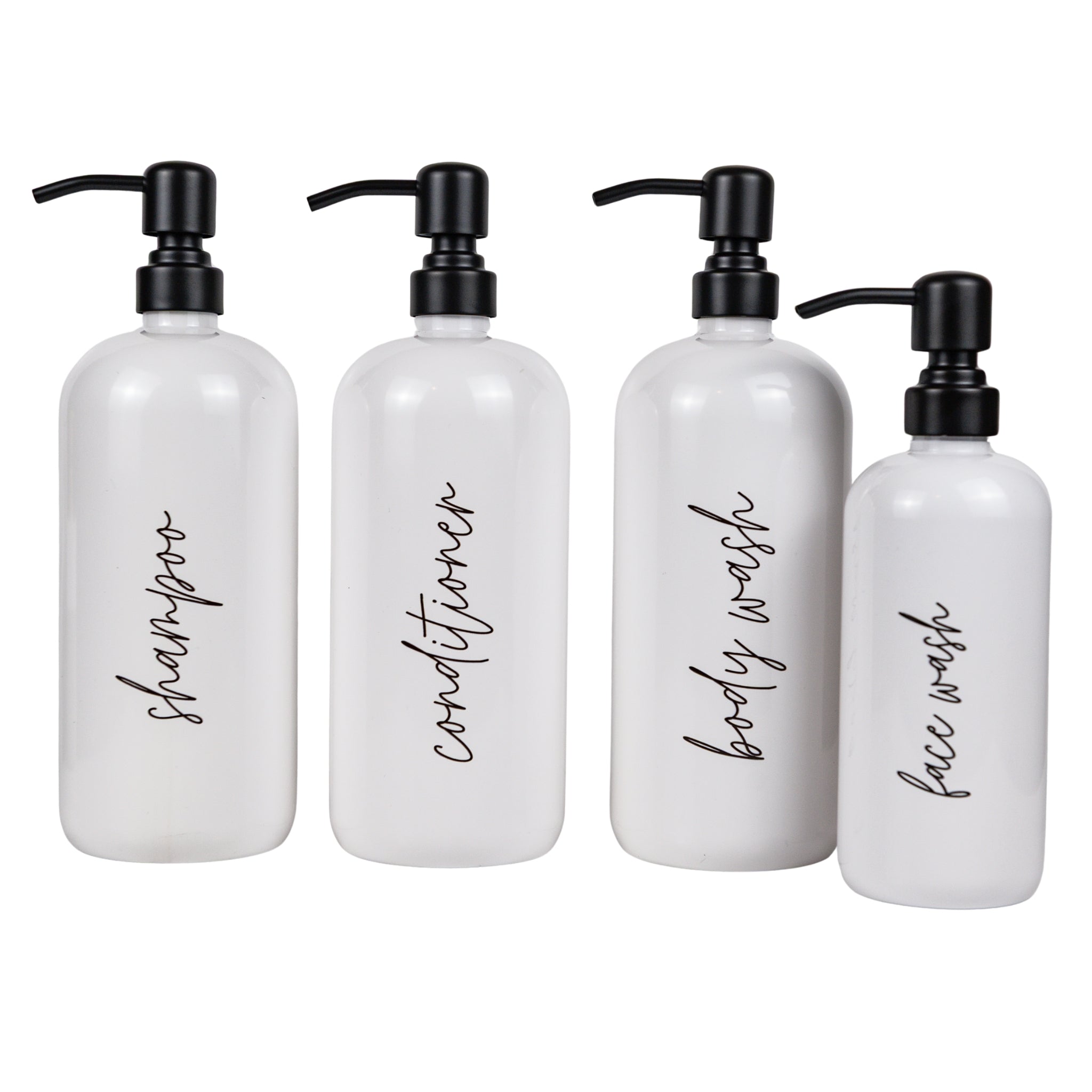 Four white bottles with pump dispensers labeled 'shampoo', 'conditioner', 'body wash', and 'face wash' on a white background.
