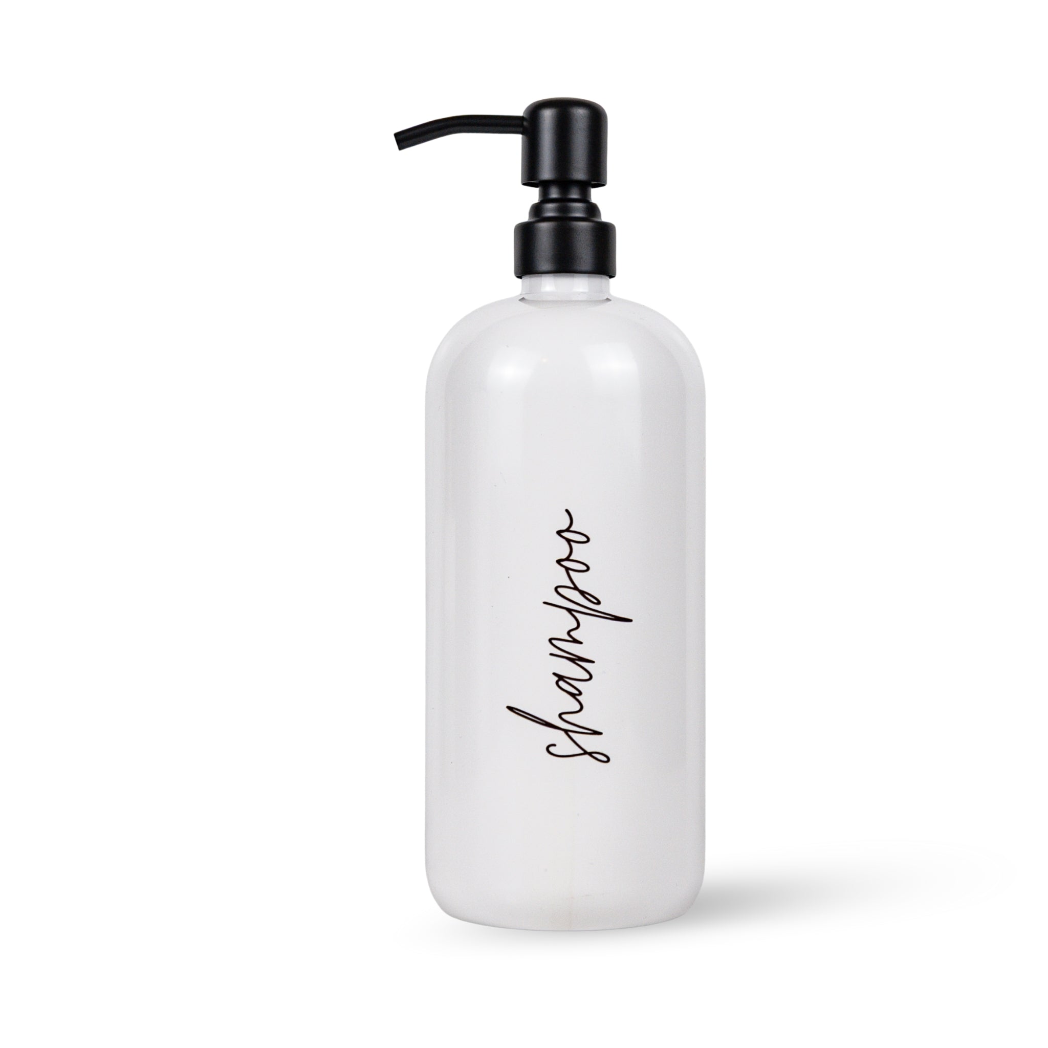 White shampoo bottle with black pump and 'shampoo' label on a white background